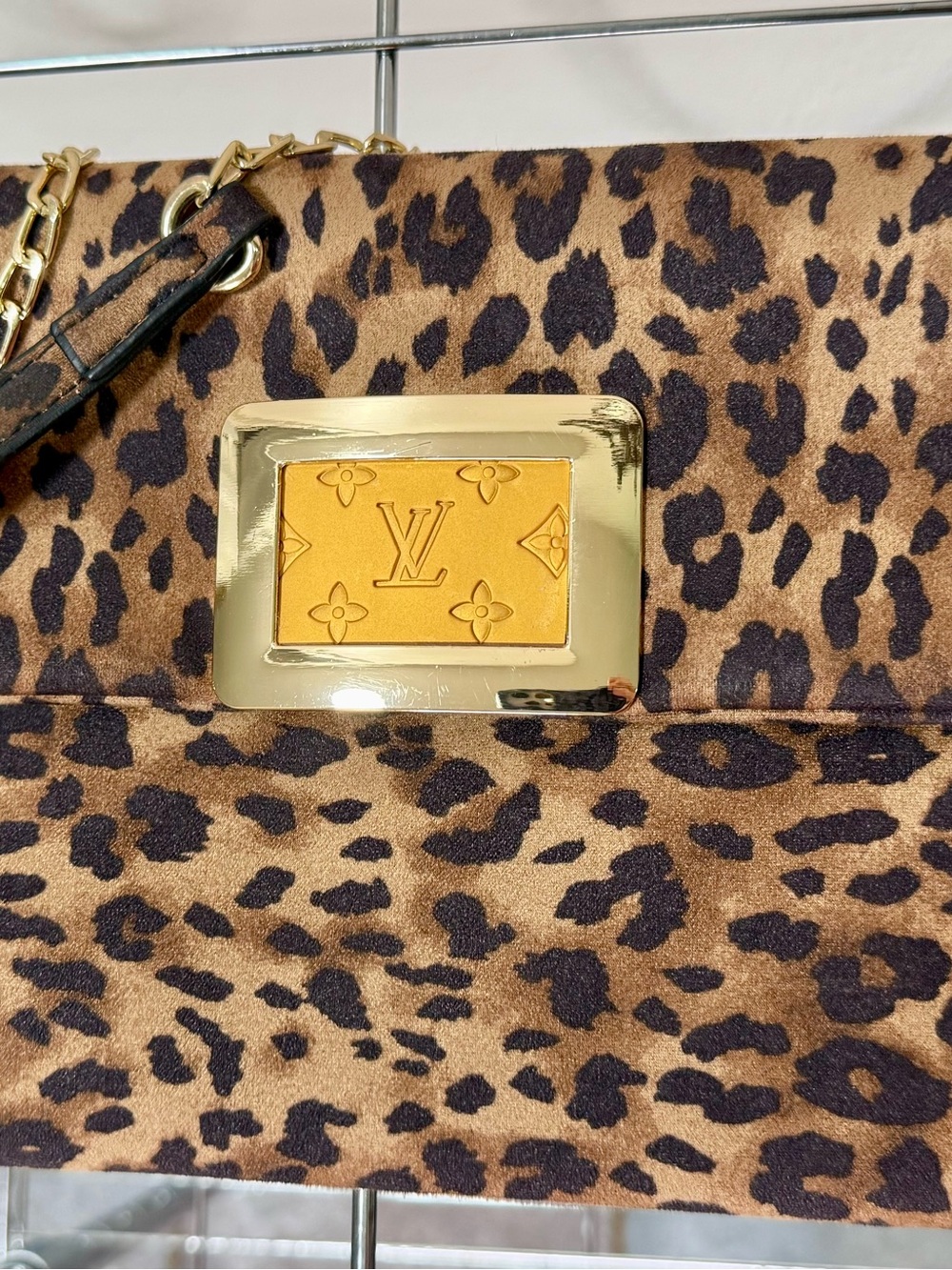 Leopard Print Suede Shoulder Bag with Gold Plaque